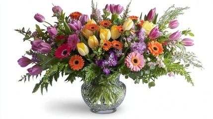 Fototapeta premium An elegant vase brimming with colorful flowers is artfully placed on a pristine white background