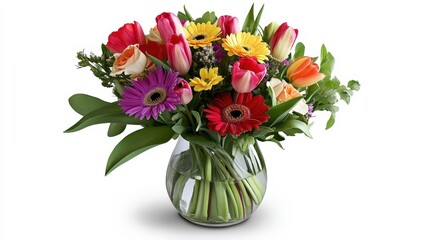 An elegant vase brimming with colorful flowers is artfully placed on a pristine white background