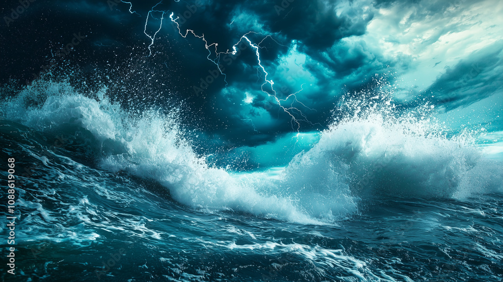 Poster dramatic image of lightning storm over ocean captures power and beauty of nature with turbulent wave