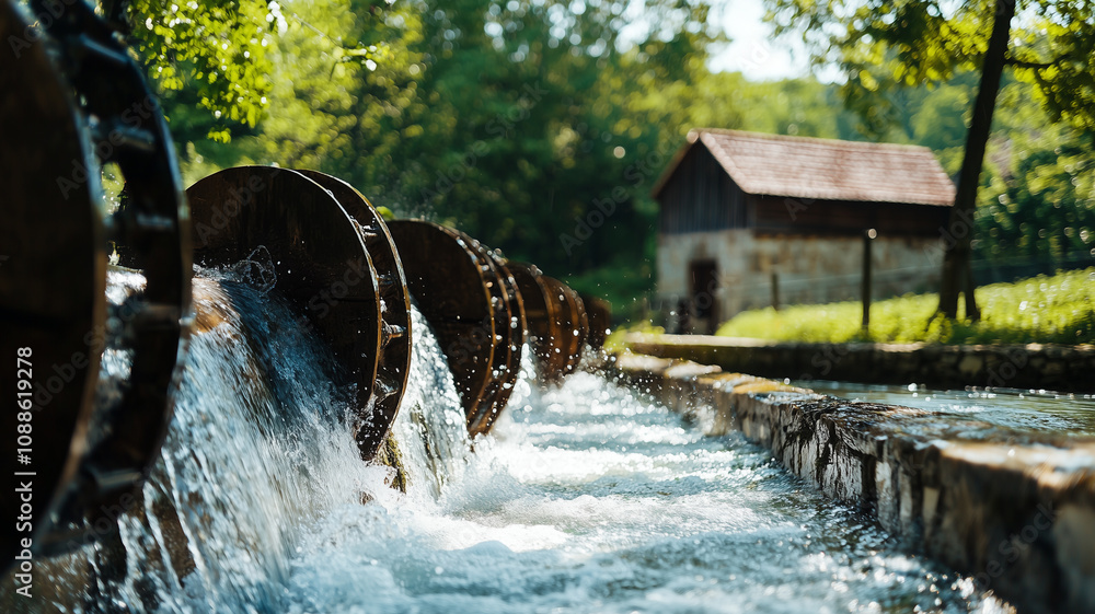 Poster powerful watermill spins as river flows through lush, green forest, with rustic wooden building in b
