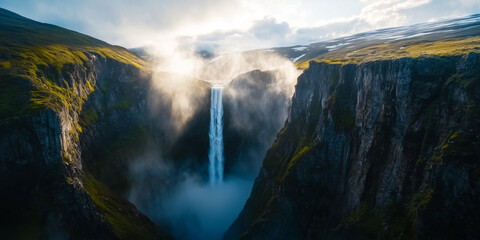 majestic waterfall cascades down mountain, surrounded by mist and rugged cliffs, under cloudy sky. scene captures power and beauty of nature in serene landscape
