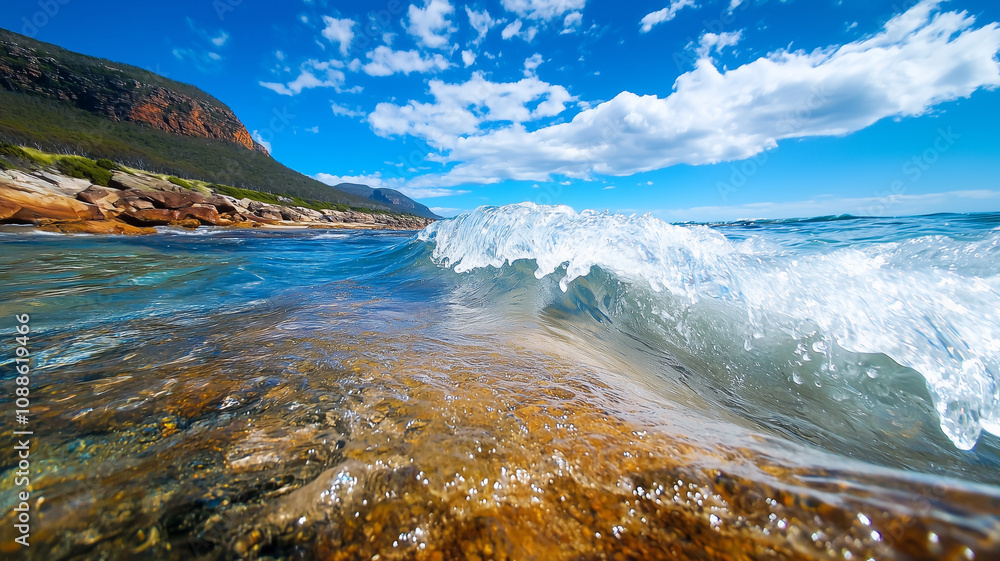 Poster tidal river surges with changing tides, under vibrant blue sky and fluffy clouds. clear water rushes