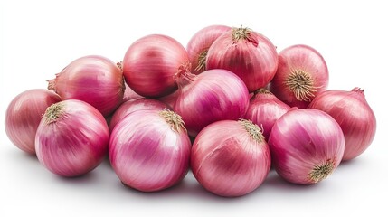 Fresh onions are placed against a clean white background, showcasing their round shape and smooth, glossy skins