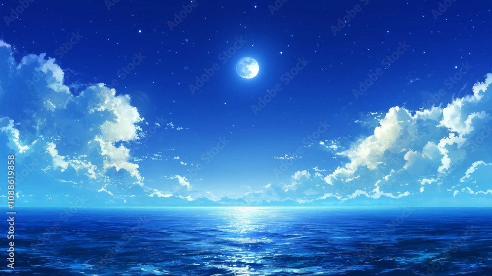 Poster bright moon shines through partly cloudy night sky, reflecting on calm ocean, creating serene and pe