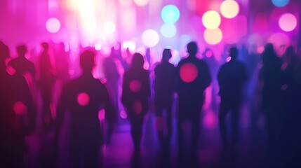 Vibrant Festive Crowd at Lively Party or Festival Event with Blurred Silhouettes and Colorful Lights