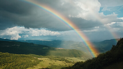 vibrant rainbow arches over lush rural landscape, casting serene glow after rainstorm, with rolling hills and dramatic clouds enhancing scene beauty