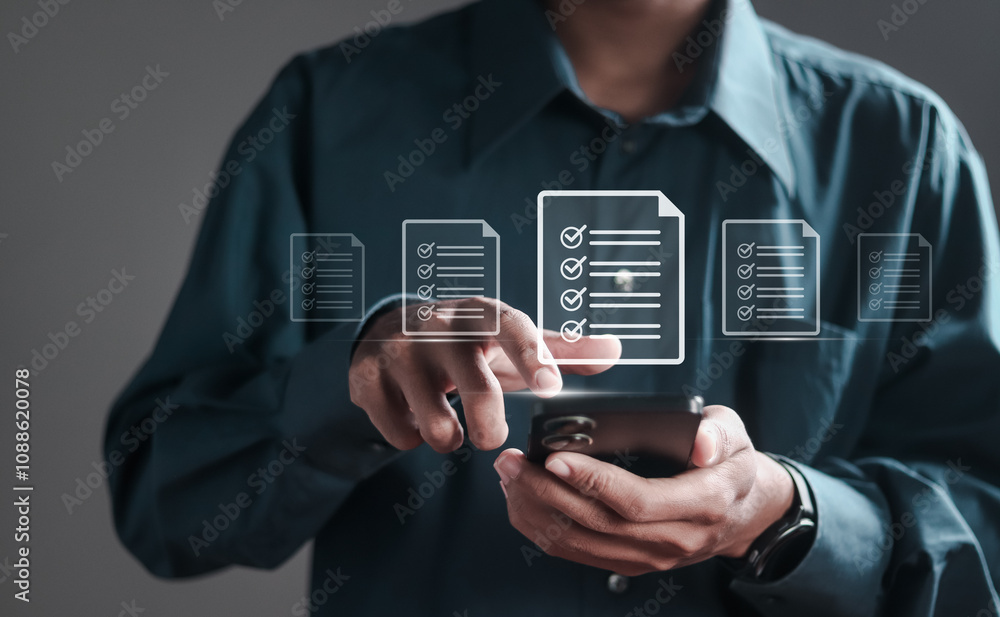 Poster law regulation and compliance rules concept, corporate governance documents. businessman using smart
