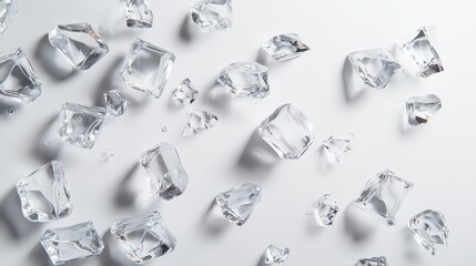 Ice cubes are scattered across a white backdrop, their clear, glassy surfaces reflecting the soft light.