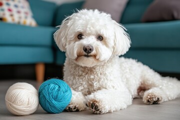 Bichon Frise with a Ball of Yarn