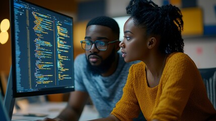 An engaged couple is deeply focused on solving programming challenges together, demonstrating a shared passion for coding in a modern workspace setting.
