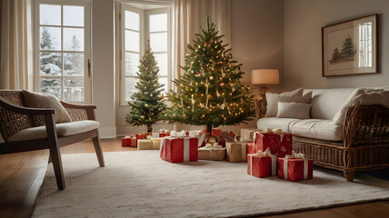 living room with christmas tree, ai generated