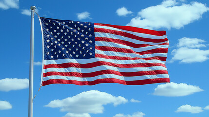 Obraz premium Independence Day celebration USA flag waving against a blue sky with clouds