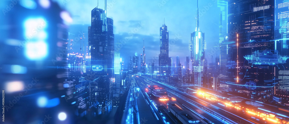 Poster vibrant futuristic cityscape with glowing skyscrapers and fast moving transport creates dynamic and 