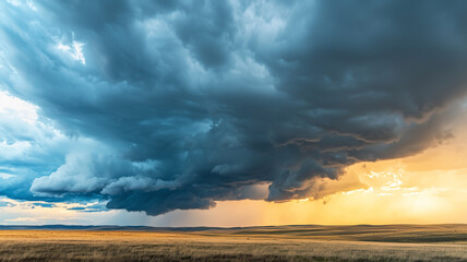 Dark clouds with sun breaking through create dramatic sky over vast landscape, highlighting contrast between stormy weather and golden light