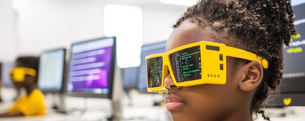 Fototapeta premium A young student participating in a cyber safety workshop in a classroom, showcasing education efforts against online bullying