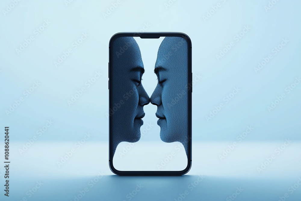 Poster a conceptual image showing two faces, one happy and one distressed, split across a smartphone screen
