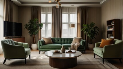 Sunlit living room with green sofa, armchairs, coffee table, plants, and bookshelves.
