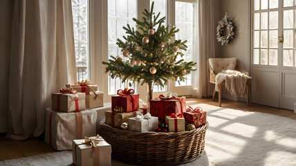 Obraz premium christmas table setting with gifts, ai generated