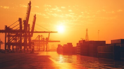 Obraz premium A port scene at sunset with crane and shipping container reflecting on the water.