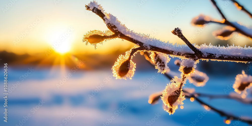 Poster frost covering branches of tree in early morning light, creating serene winter scene with glowing su