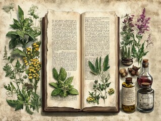A vintage herbal book surrounded by fresh herbs and botanical extracts, showcasing nature's wisdom and natural remedies.
