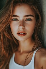 Fototapeta premium The woman exhibits a serene expression while gazing directly at the viewer. Her relaxed hairstyle and natural makeup enhance her youthful beauty, captured in warm tones