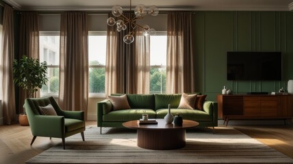 Here's a description and keywords for your stock photo.. Luxurious living room with green sofa, armchair, and mid-century modern furniture.  Natural light streams through sheer curtains.