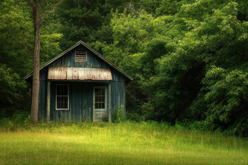 Obraz premium Rustic wooden cabin surrounded by lush green forest and vibrant foliage, exuding a serene and tranquil atmosphere in the heart of nature.