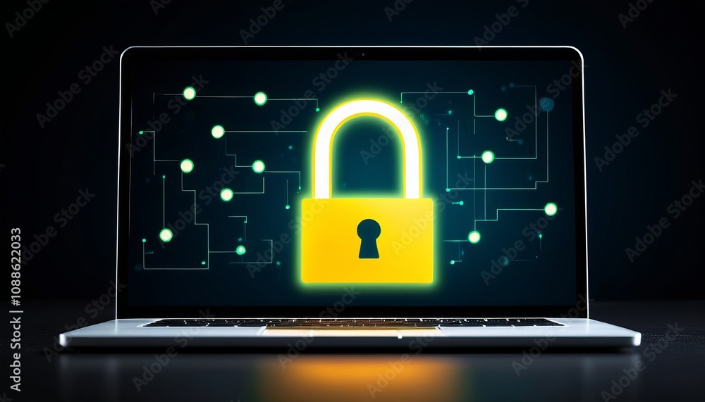 Poster digital security and data protection concept with glowing lock on laptop screen