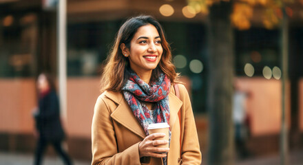 Smiling woman enjoying coffee outdoors in fall