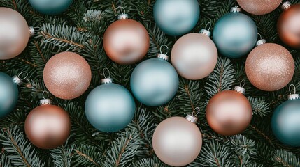 Festive Christmas Ornaments Rose Gold Teal Baubles on Pine Branches