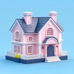 Whimsical Pink Dollhouse on a Vibrant Blue Background