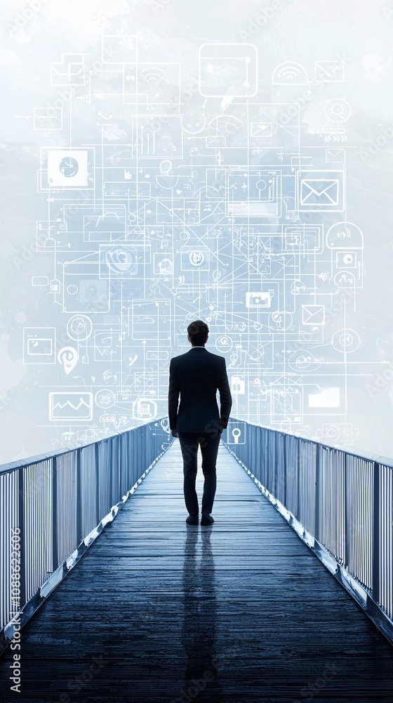 Poster a symbolic image showing a person crossing a bridge of social media icons, representing the transiti