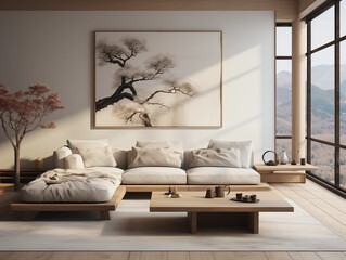 Modern Japanese Living Room Interior Design Minimalist Sofa Mountain View