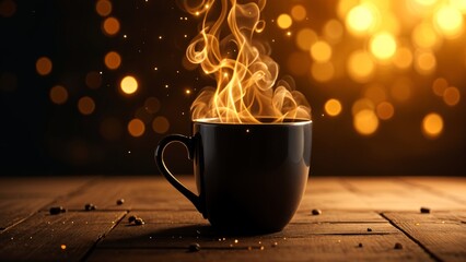 A cup of hot tea or coffee with golden smoke on a wooden table. A mug with steaming steam on a dark background with golden highlights and a side. Tea Day
