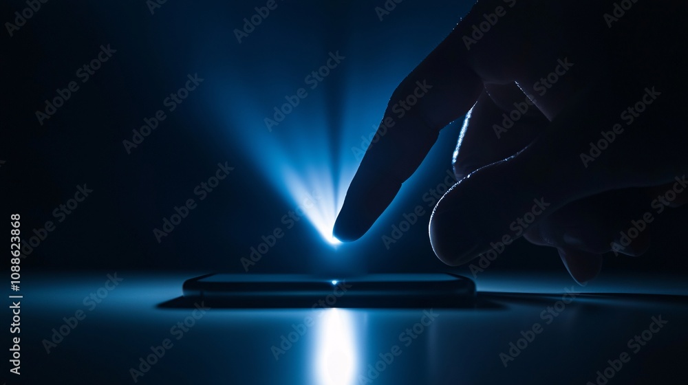 Poster a conceptual graphic of a hand pressing a 