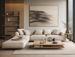 Modern Minimalist Living Room Interior Design Beige Sofa Wooden Coffee Table and Japanese Artwork