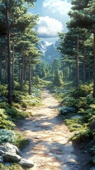 Obraz premium Lush forest path leading to mountains under a bright sky.