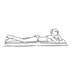 One continuous single drawing line art flat doodle girl sunbathing, relaxing, woman enjoying the sun, vacation, sea, holidays. Isolated image hand draw contour on a white background, hand drawn, not A