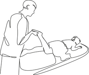 One continuous single drawing line art flat doodle massage therapist massages, manual therapy, woman on massage, doctor, muscles. Isolated image hand draw contour on a white background, hand drawn, no