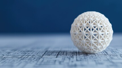 A textured white sphere with a geometric pattern rests on a surface, set against a blue background, creating a minimalist and artistic appearance.