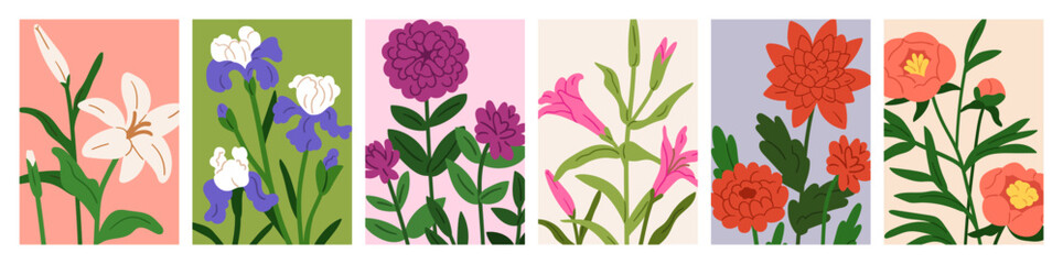 Floral cards set. Flower blossoms, natural botanical backgrounds with lily, iris, peony, dahlia, garden blooms. Beautiful spring and summer posters, postcards collection. Flat vector illustration © Good Studio