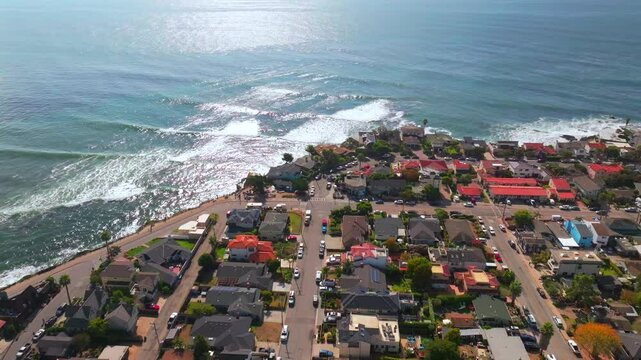 Pleasure Point Park Santa Cruz Private beach Blacks Opal Cliffs California aerial drone surfing surf waves swell Steamers Lane Cliff Drive walk neighborhood Monterey Bay morning mist sunny forward pan