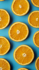 Fototapeta premium Fresh Orange Slices on Blue Background - Minimalist Food Photography