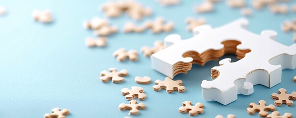 A close-up of scattered puzzle pieces with one piece partially fitted into a larger white piece, set against a light blue background.