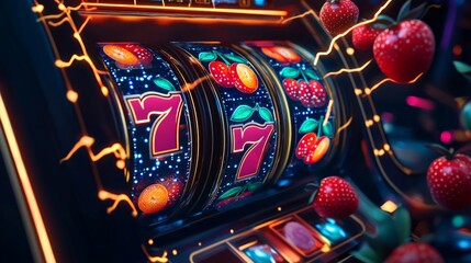Vibrant 3D slot machine reel featuring fruit symbols, dynamic lightning effects, golden number seven, perfect for online casino promotions and slot game banners.