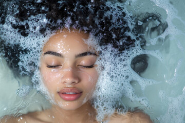 Fototapeta premium Serene young woman with closed eyes submerged in water with bubbles, showcasing peaceful relaxation and natural beauty.
