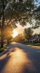 Fototapeta premium Golden Hour Sunset on a Suburban Street