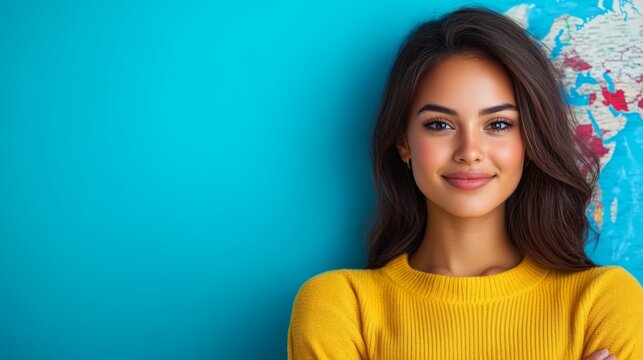Happy beautiful young girl student in yellow sweater standing on blue background with land map, banner, copy space