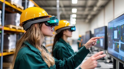 Fototapeta premium Warehouse and Inventory management concept. Workers using augmented reality glasses for location tasks in a professional setting.